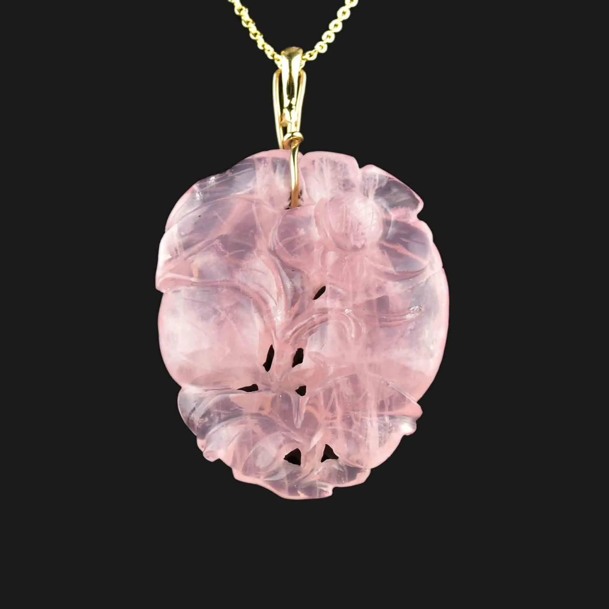 Vintage 14K Gold Carved Rose Quartz Pendant Necklace