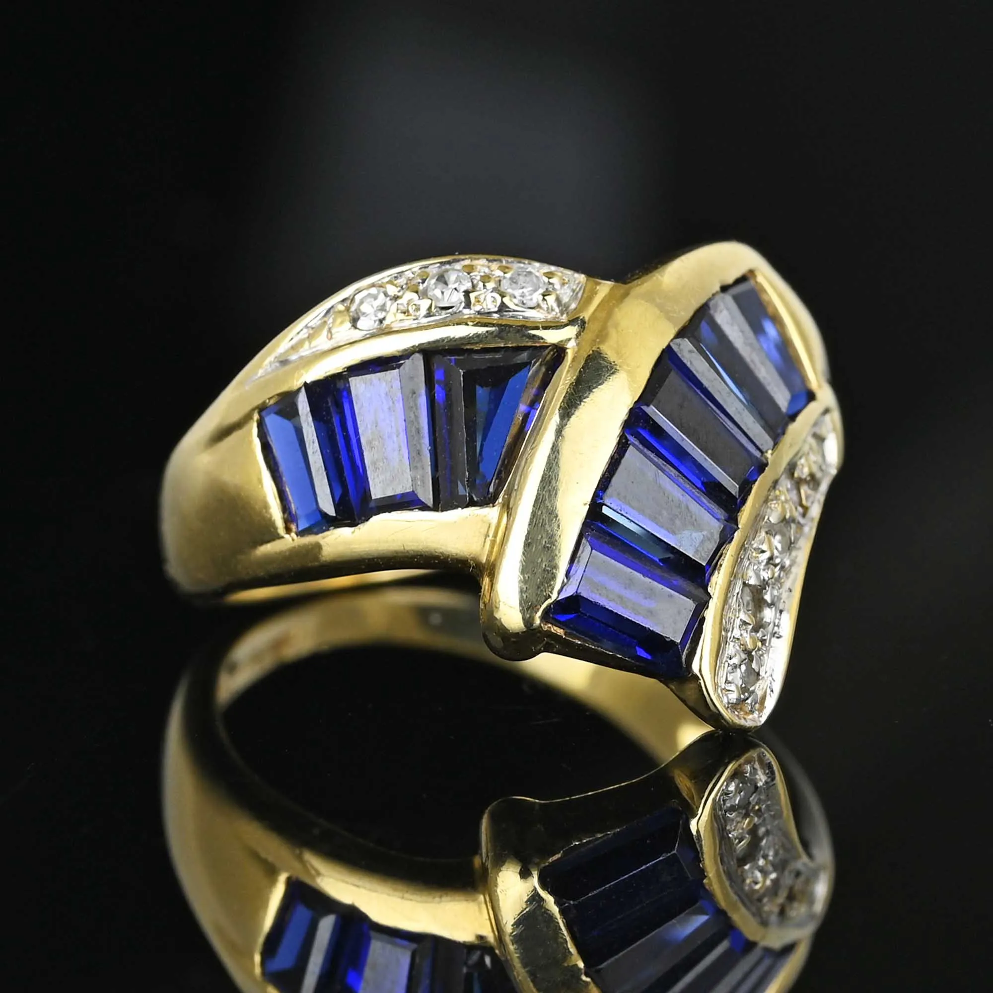 Vintage 14K Gold Diamond Baguette Sapphire Cocktail Ring