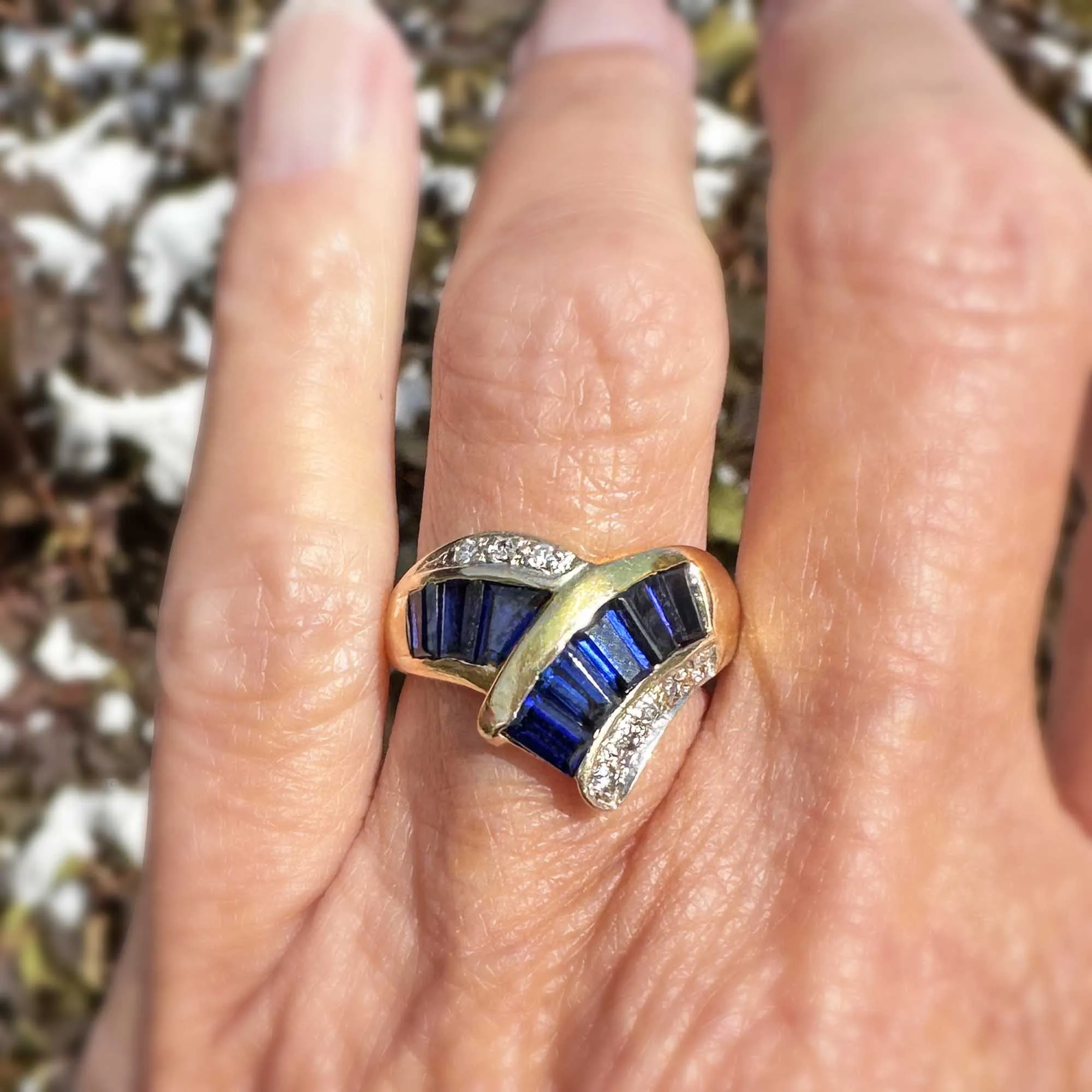 Vintage 14K Gold Diamond Baguette Sapphire Cocktail Ring