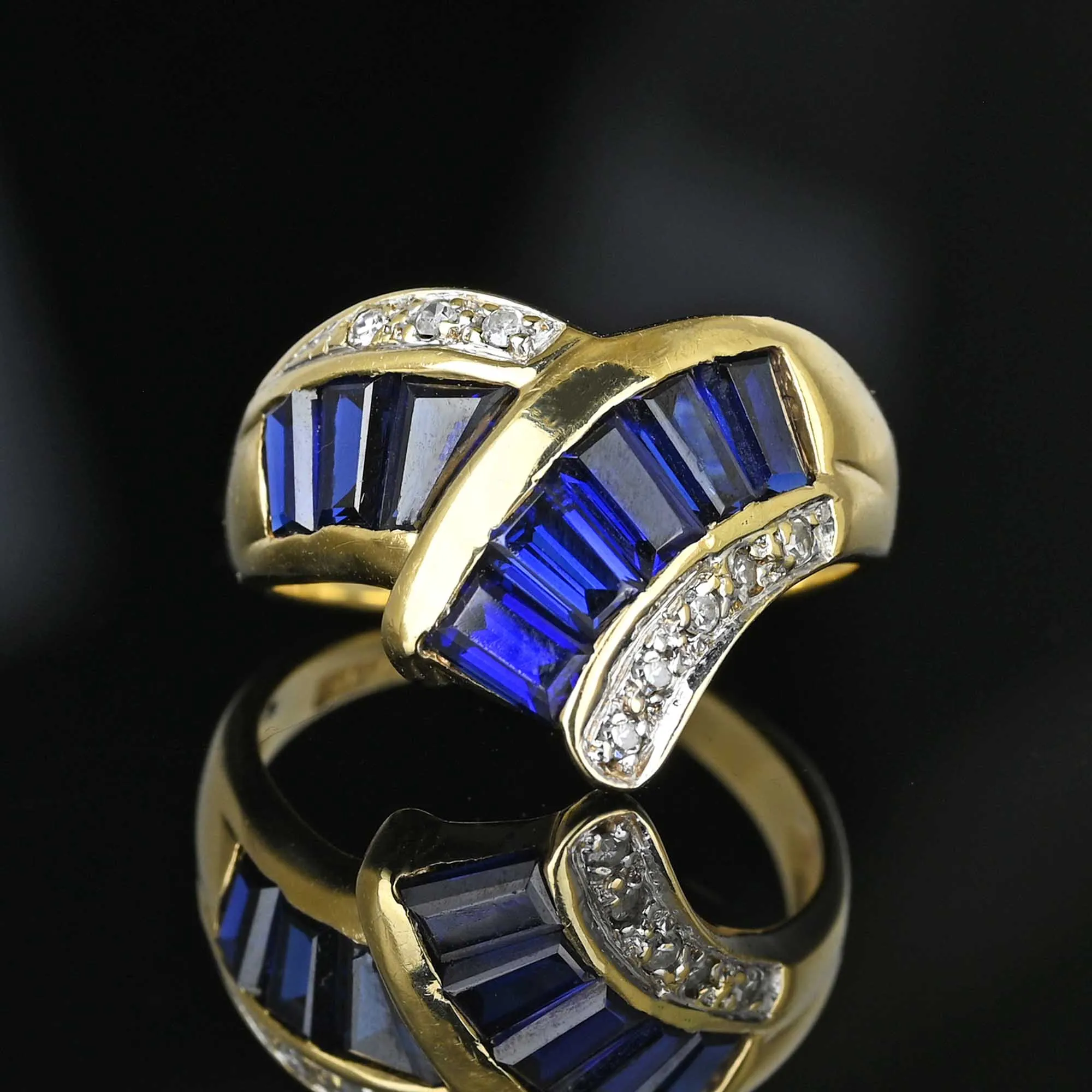 Vintage 14K Gold Diamond Baguette Sapphire Cocktail Ring