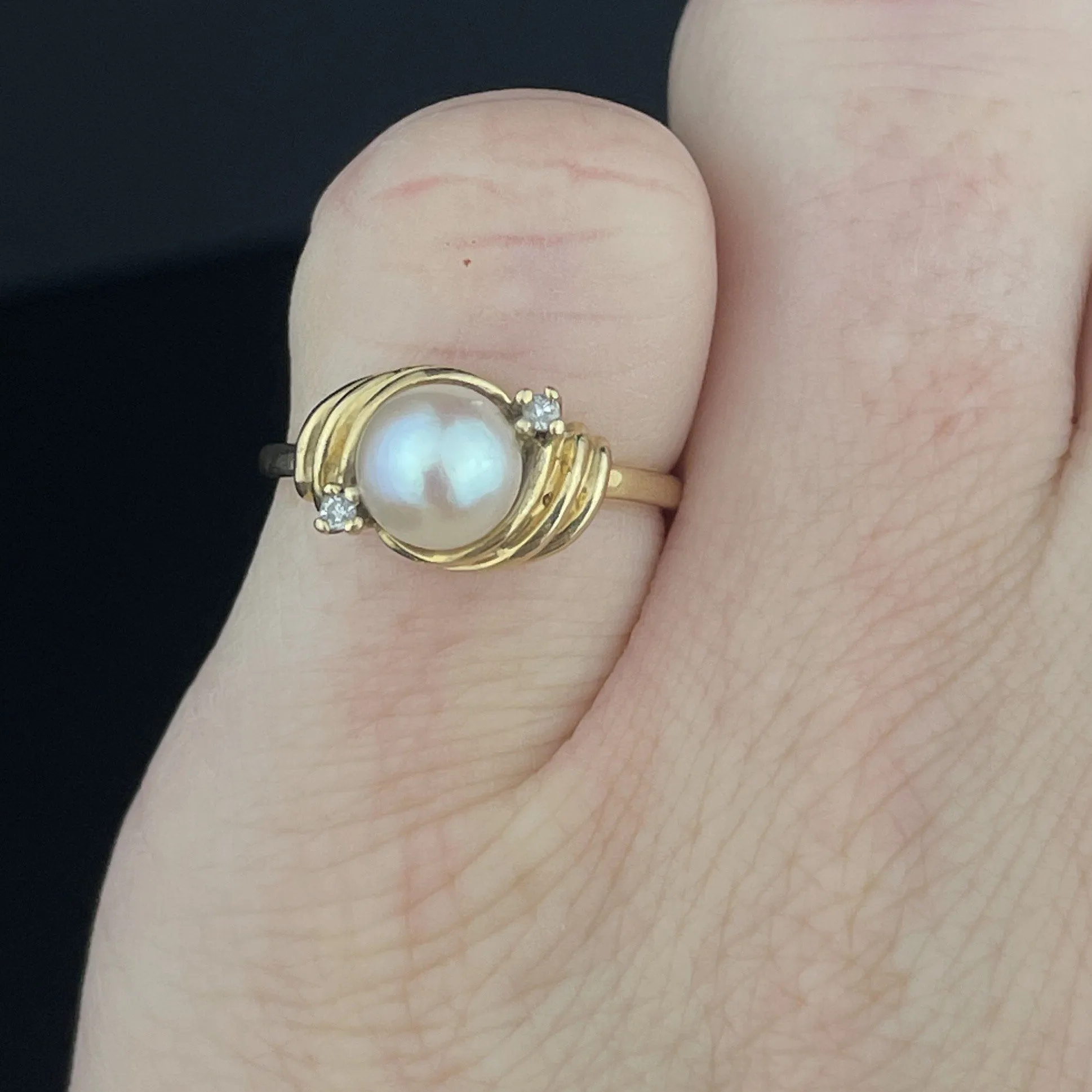 Vintage 14K Gold Diamond Pearl Solitaire Ring, Sz 4 1/2