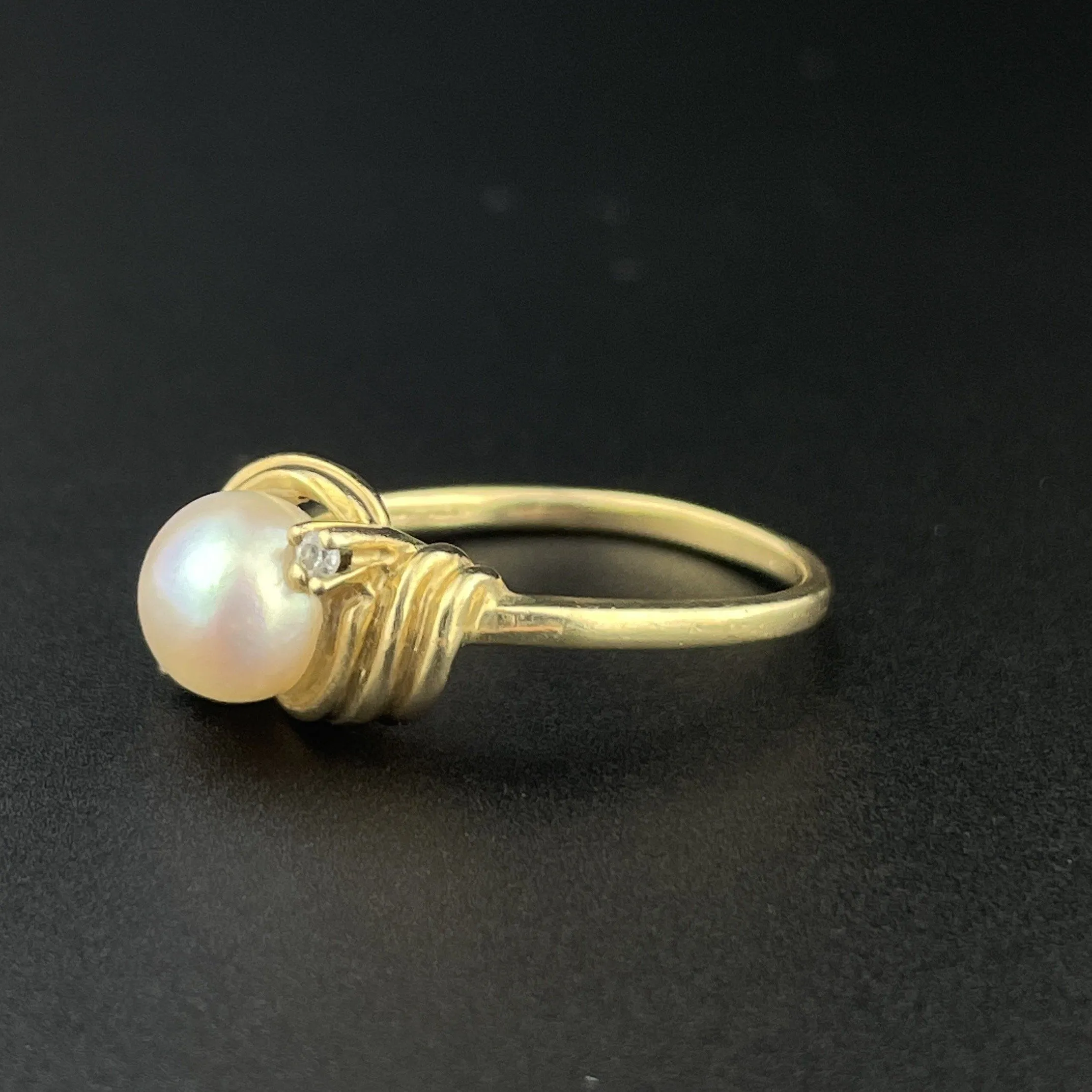 Vintage 14K Gold Diamond Pearl Solitaire Ring, Sz 4 1/2