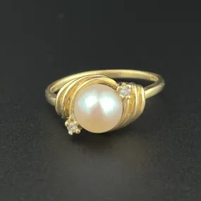 Vintage 14K Gold Diamond Pearl Solitaire Ring, Sz 4 1/2