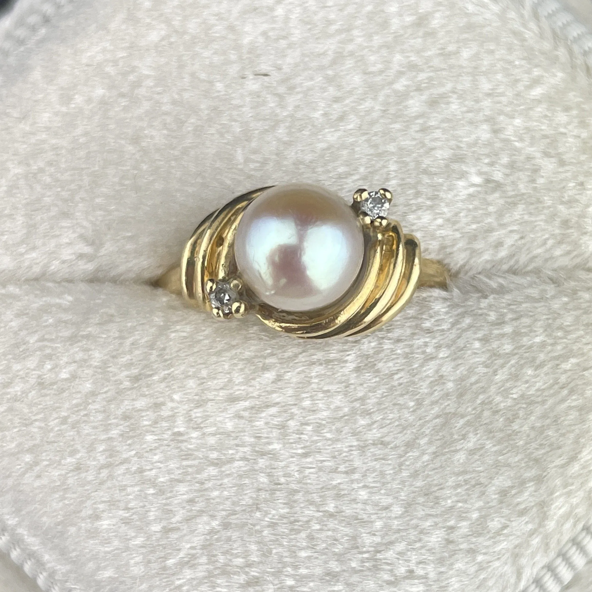 Vintage 14K Gold Diamond Pearl Solitaire Ring, Sz 4 1/2