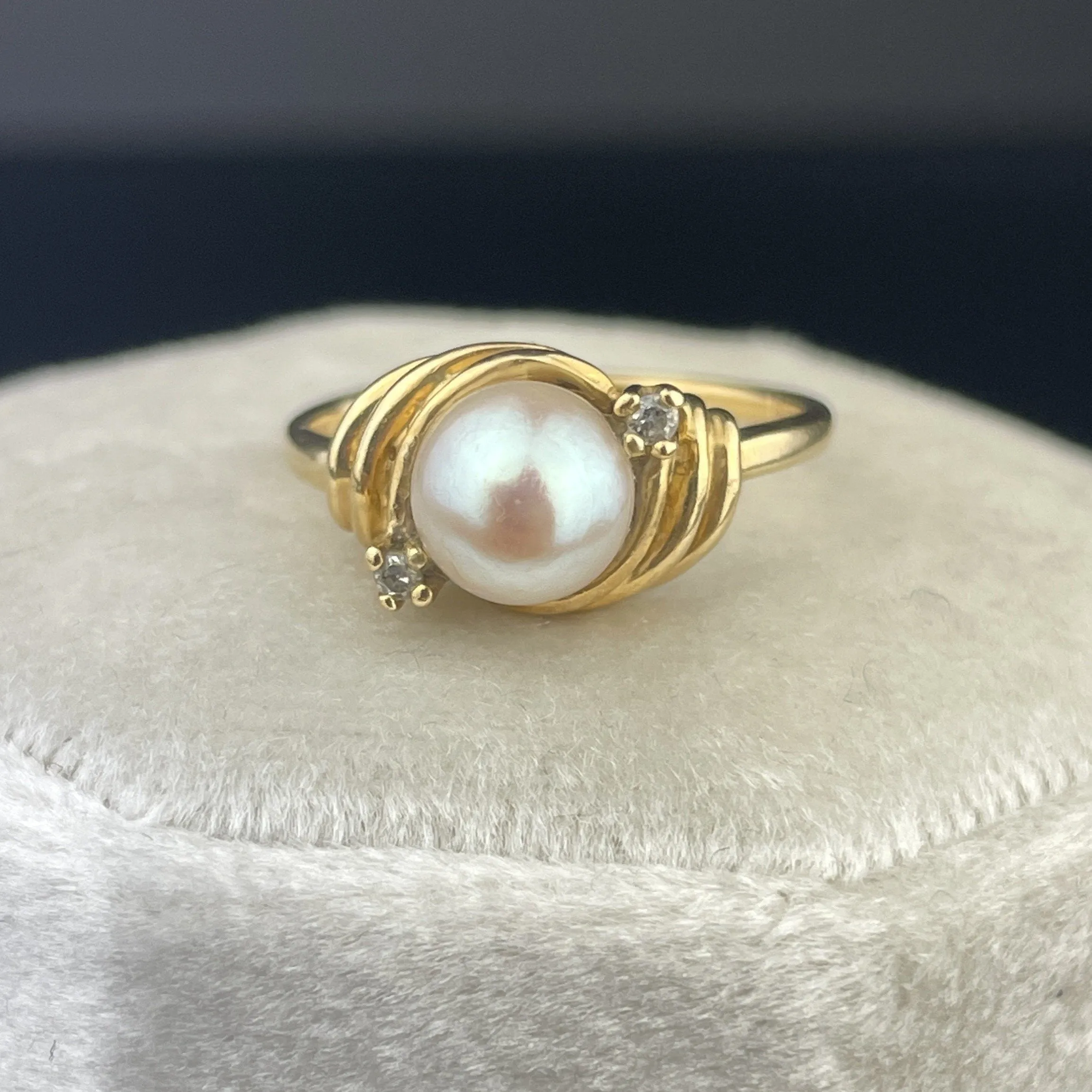 Vintage 14K Gold Diamond Pearl Solitaire Ring, Sz 4 1/2