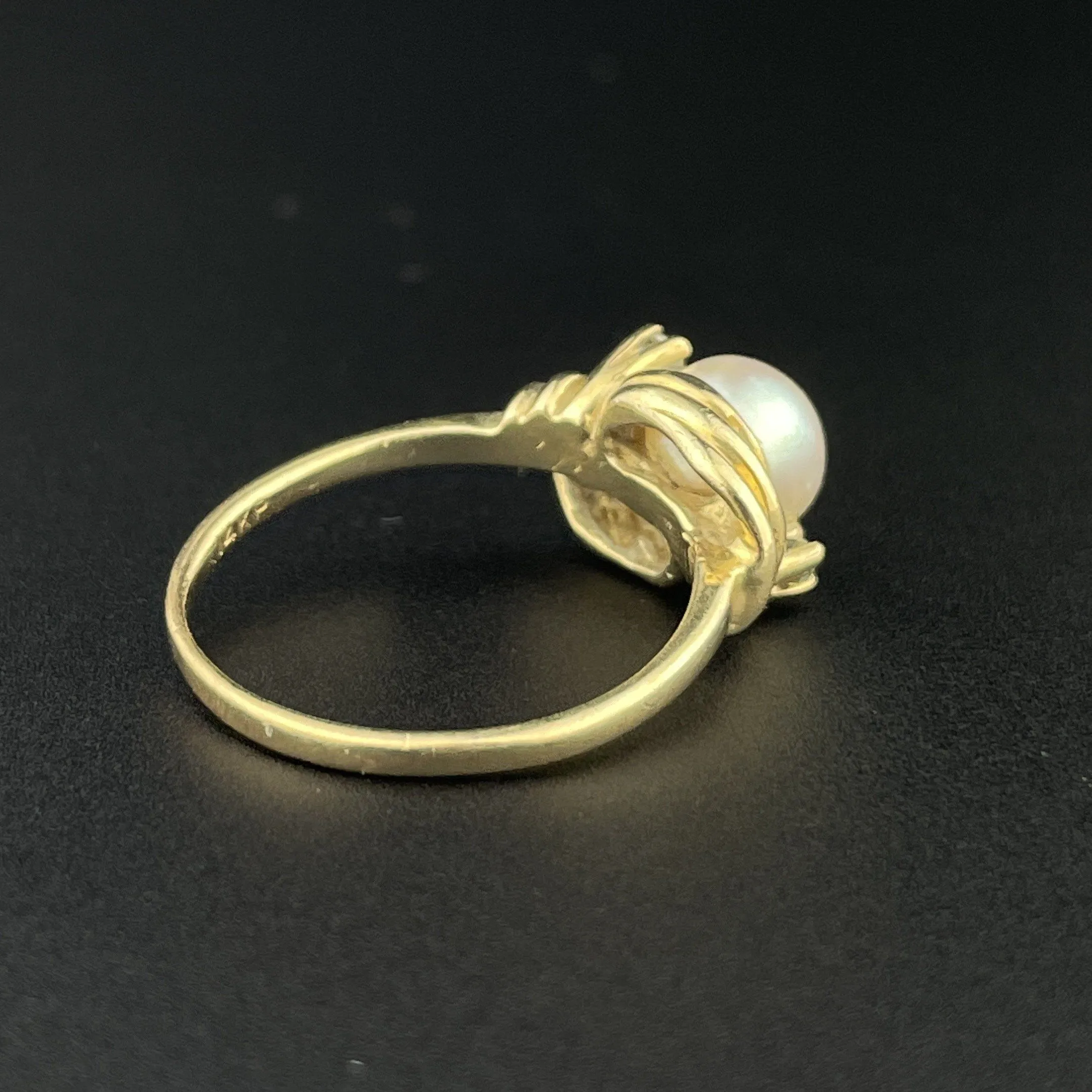 Vintage 14K Gold Diamond Pearl Solitaire Ring, Sz 4 1/2