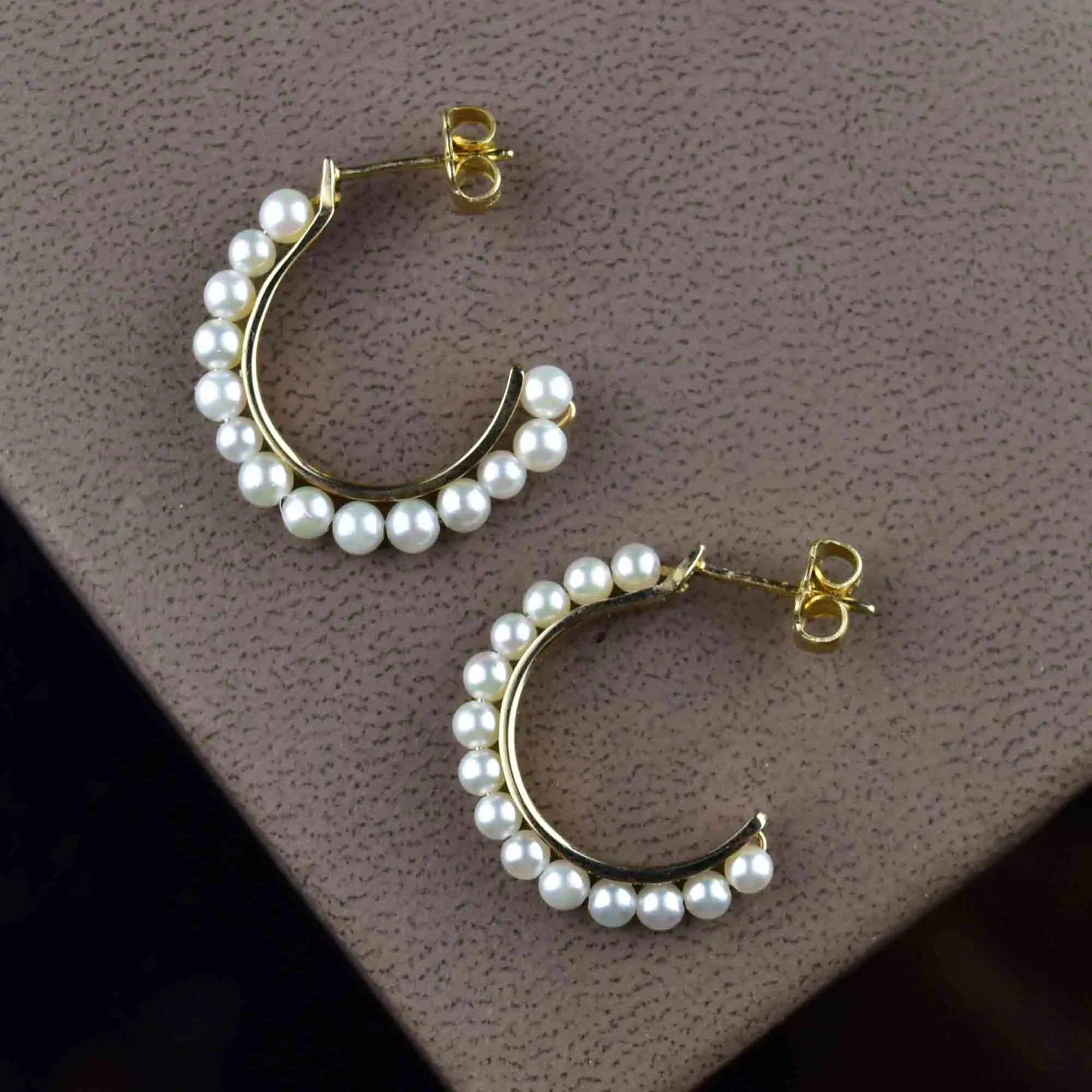 Vintage 14K Gold Pearl Half Hoop Earrings