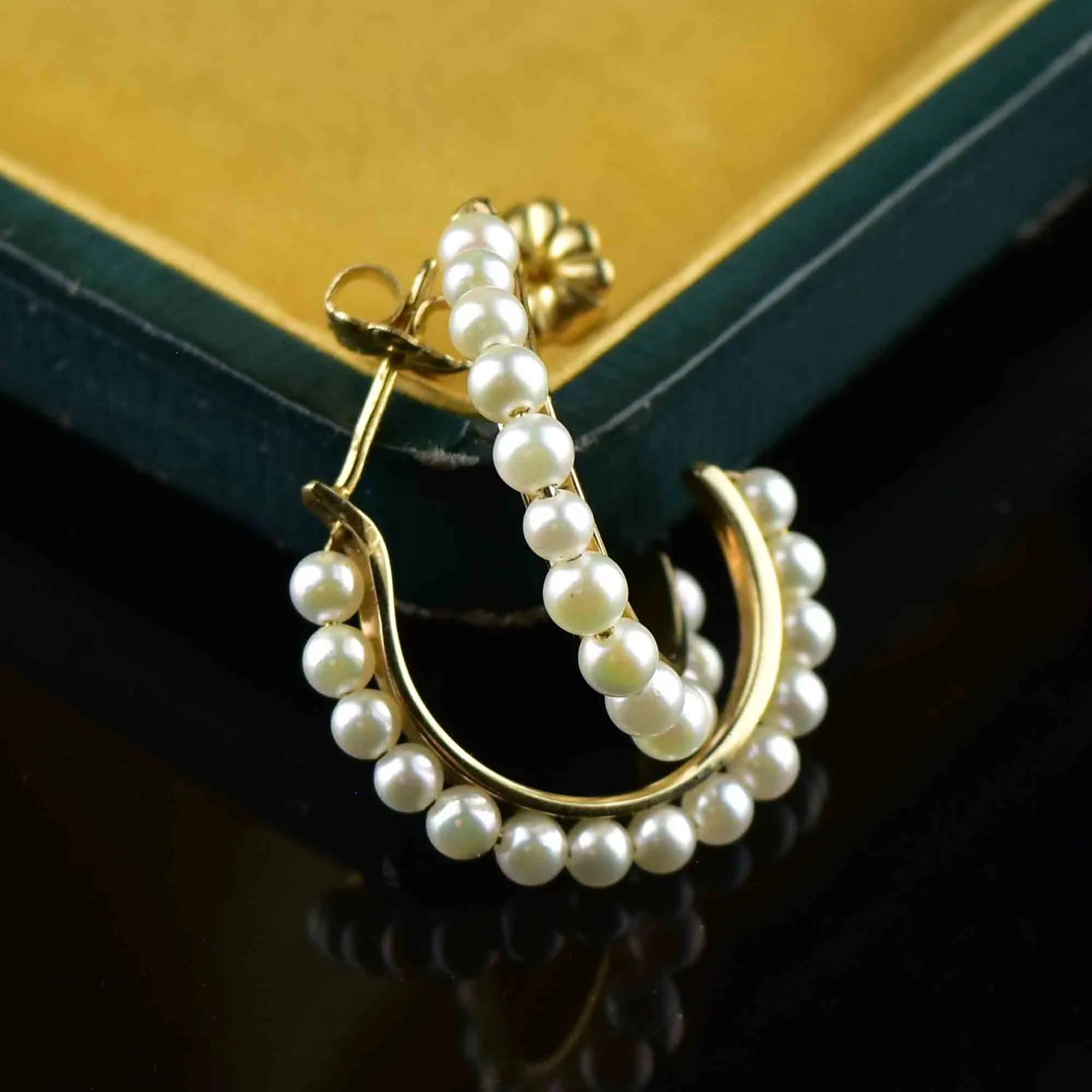 Vintage 14K Gold Pearl Half Hoop Earrings