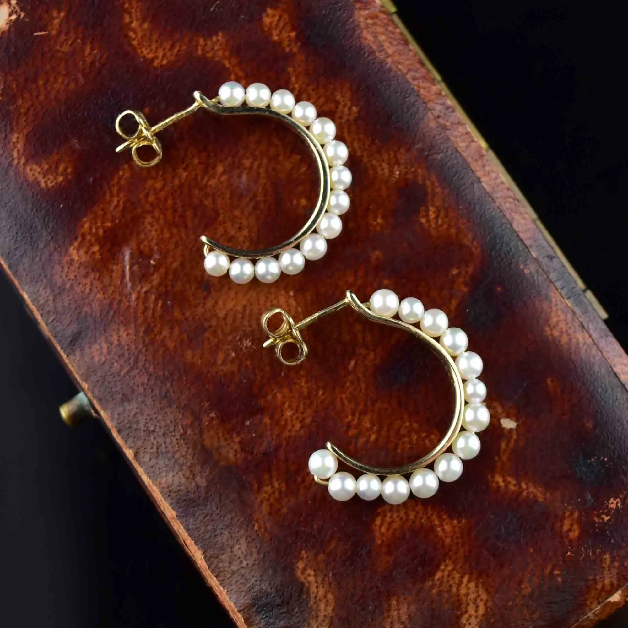 Vintage 14K Gold Pearl Half Hoop Earrings