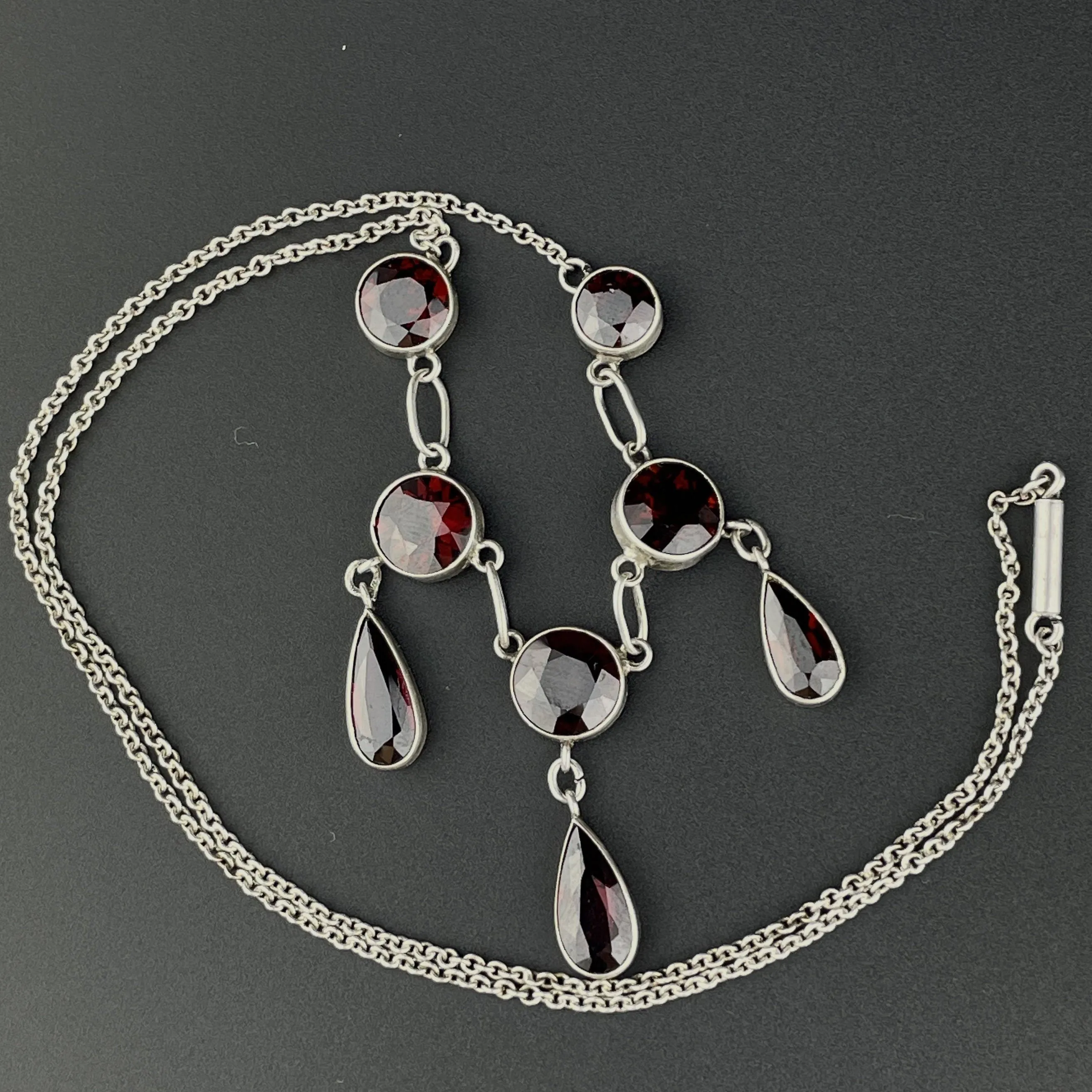 Vintage Art Deco Silver Garnet Drop Necklace