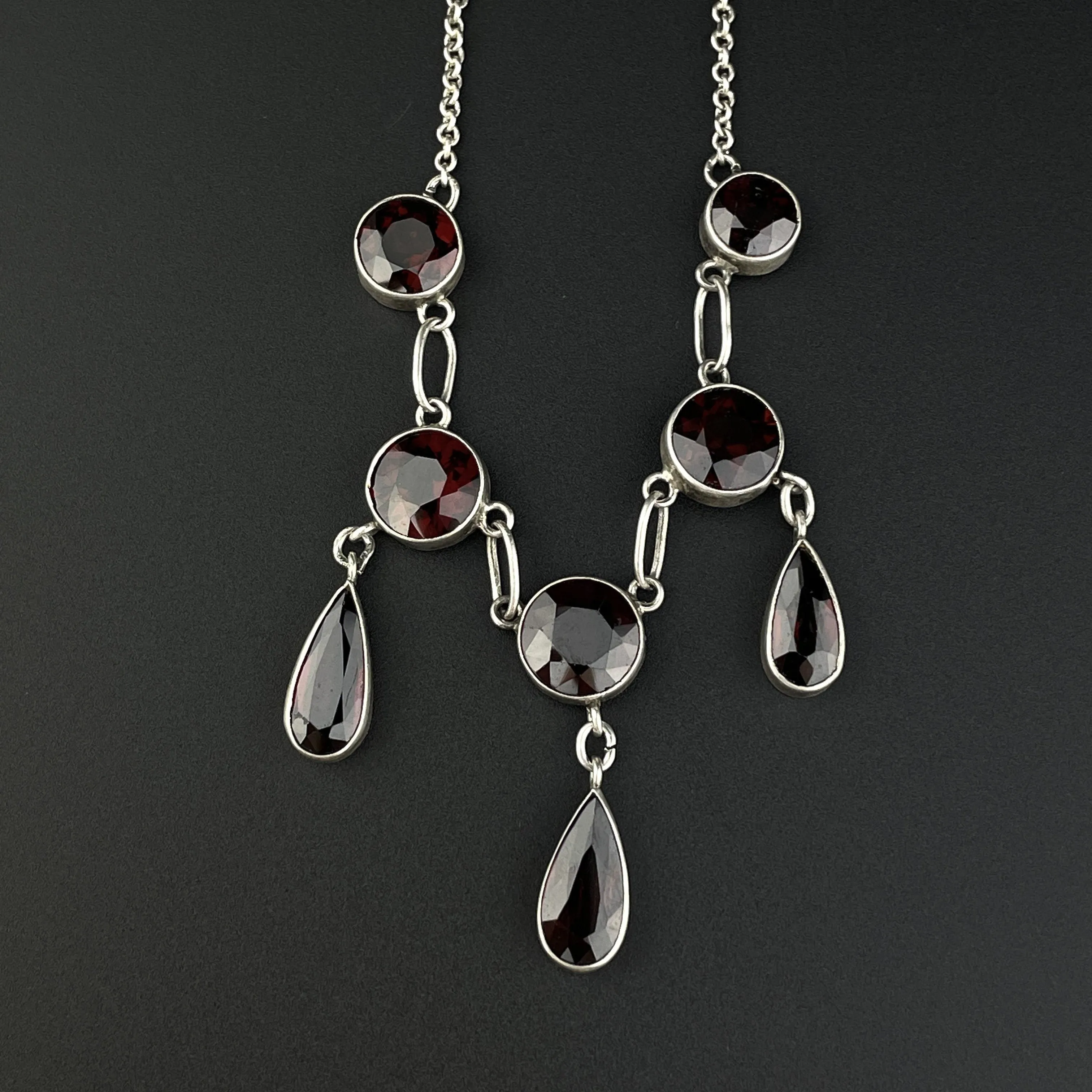 Vintage Art Deco Silver Garnet Drop Necklace