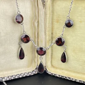 Vintage Art Deco Silver Garnet Drop Necklace