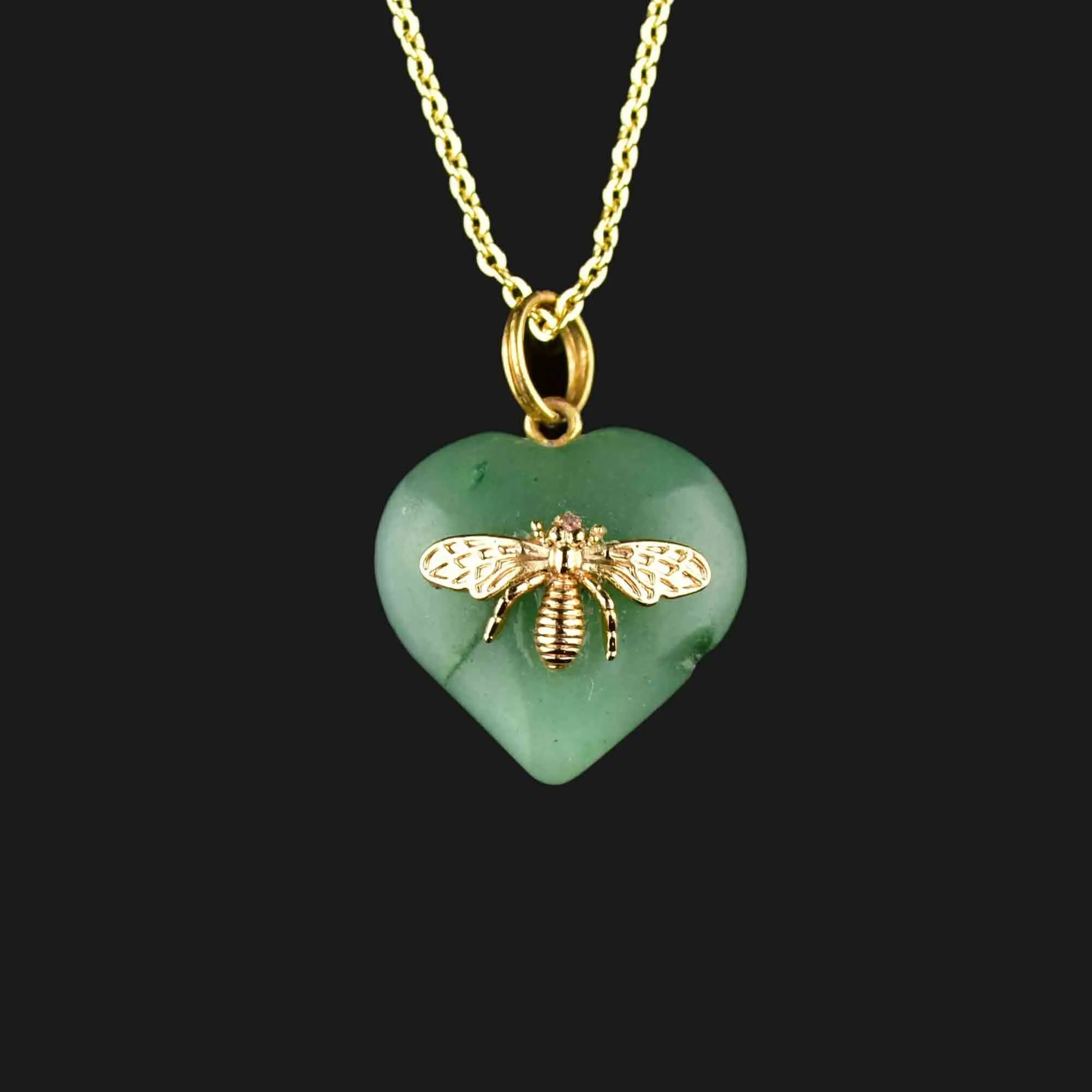 Vintage Bee Aventurine Heart Pendant Necklace