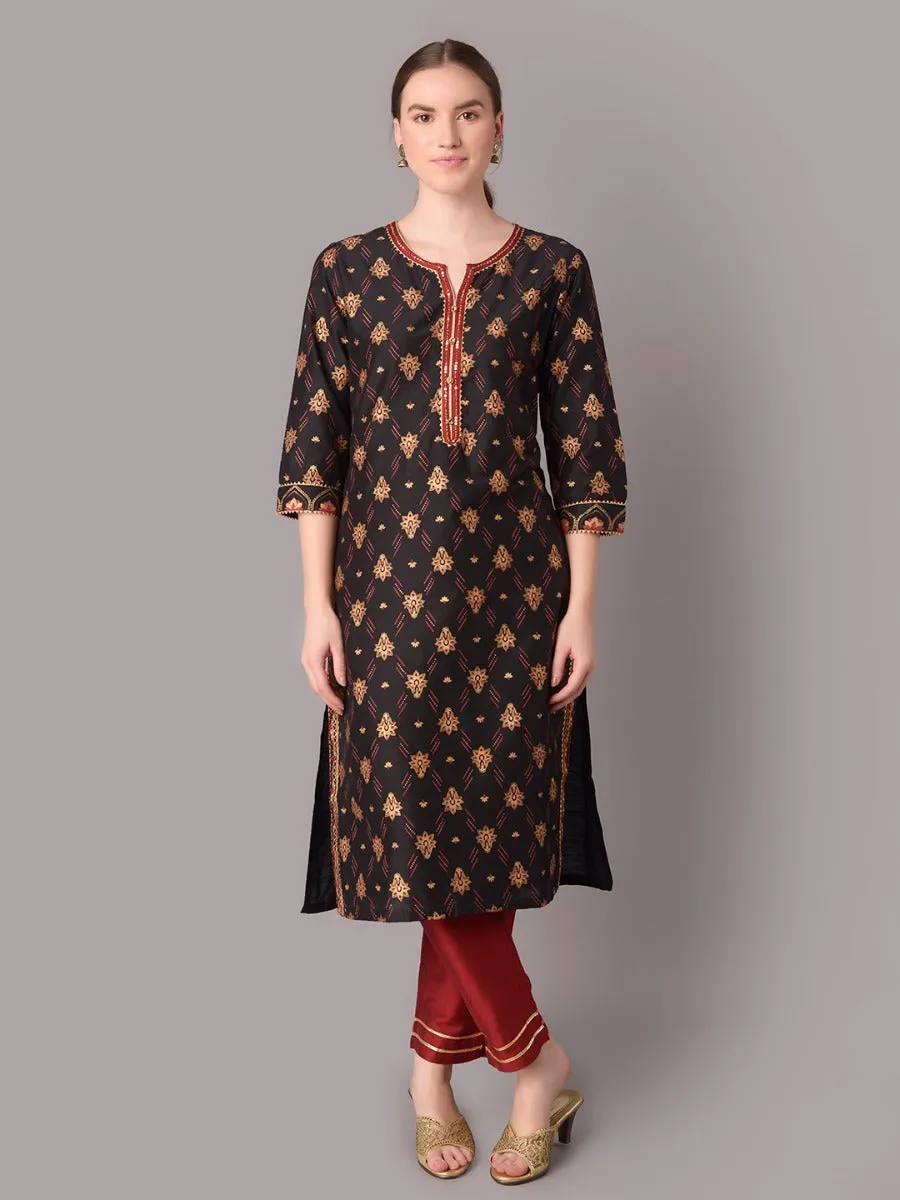 Women Black Ornamental Printed Kurta With Trouser