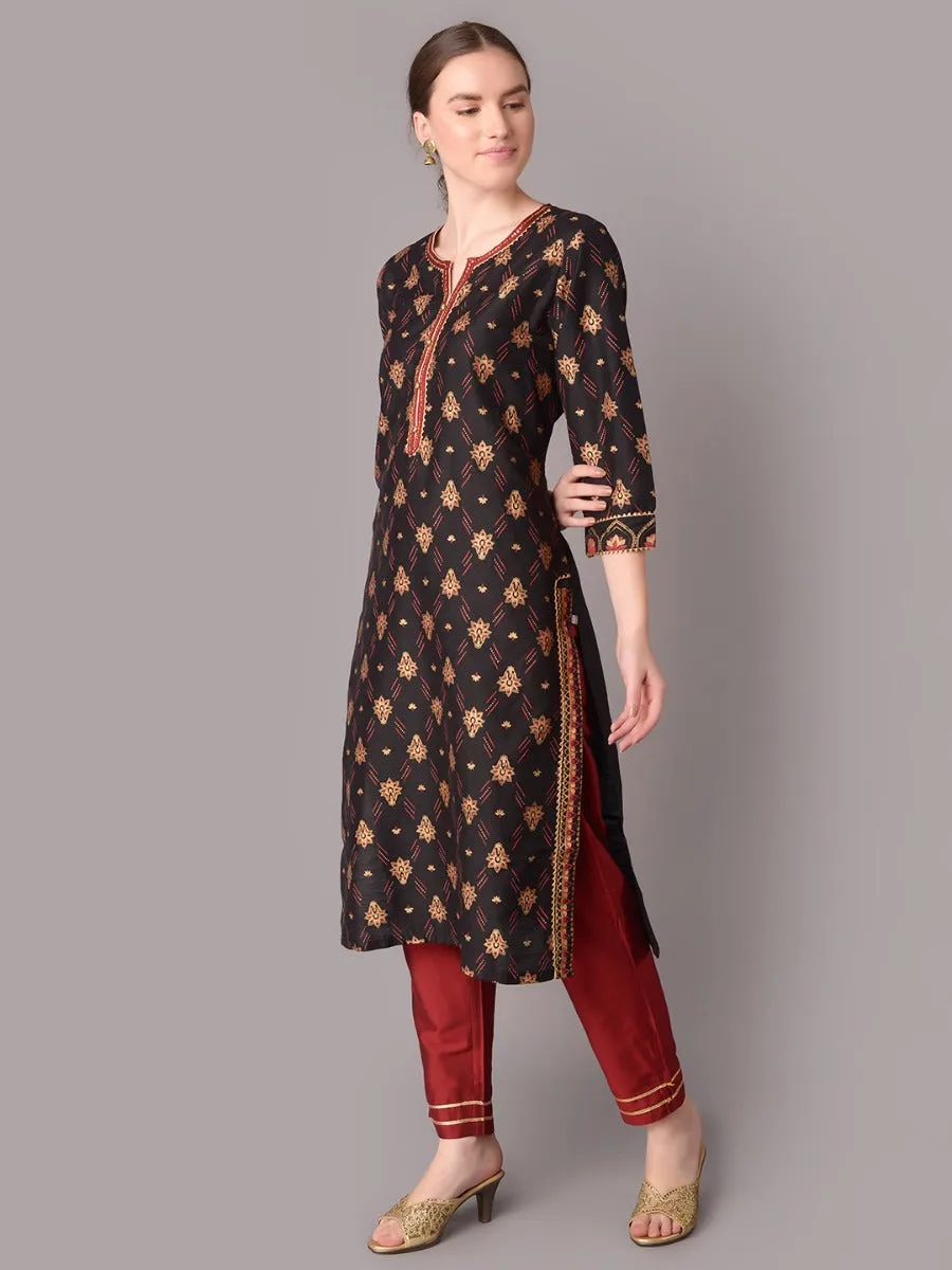 Women Black Ornamental Printed Kurta With Trouser