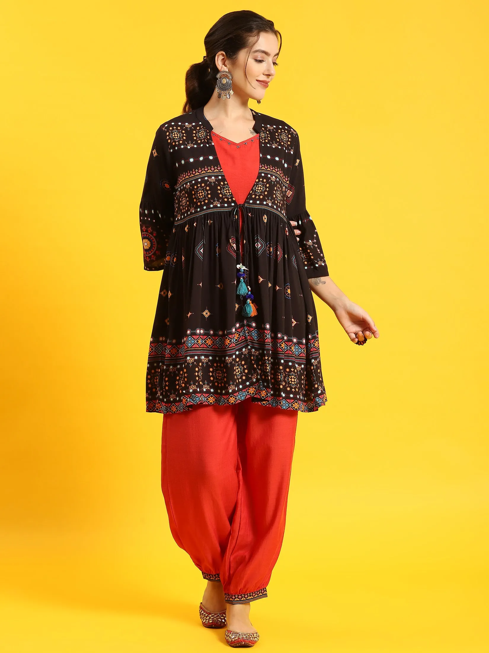 Women Black Printed Kurta Jacket Harem Pant