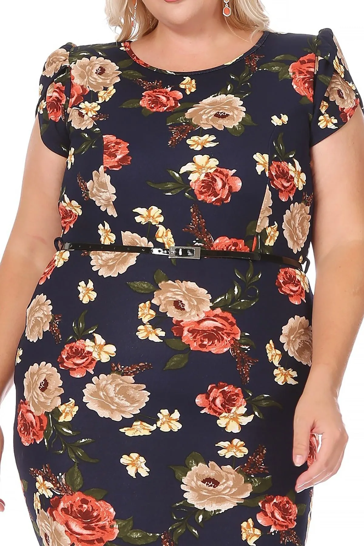 Women's Elegant Plus Size Floral Pencil Work Dresses Short Sleeve Round Neck with Belt