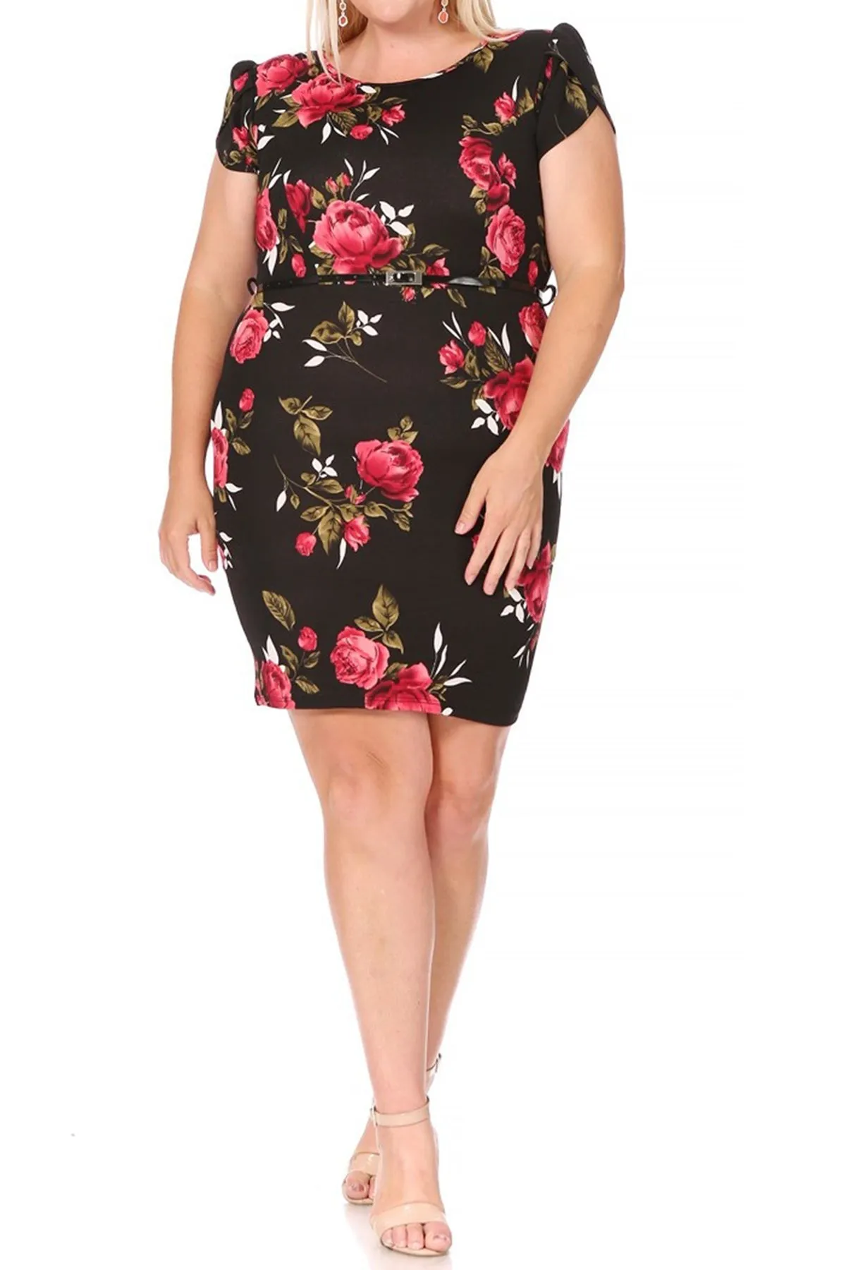 Women's Elegant Plus Size Floral Pencil Work Dresses Short Sleeve Round Neck with Belt