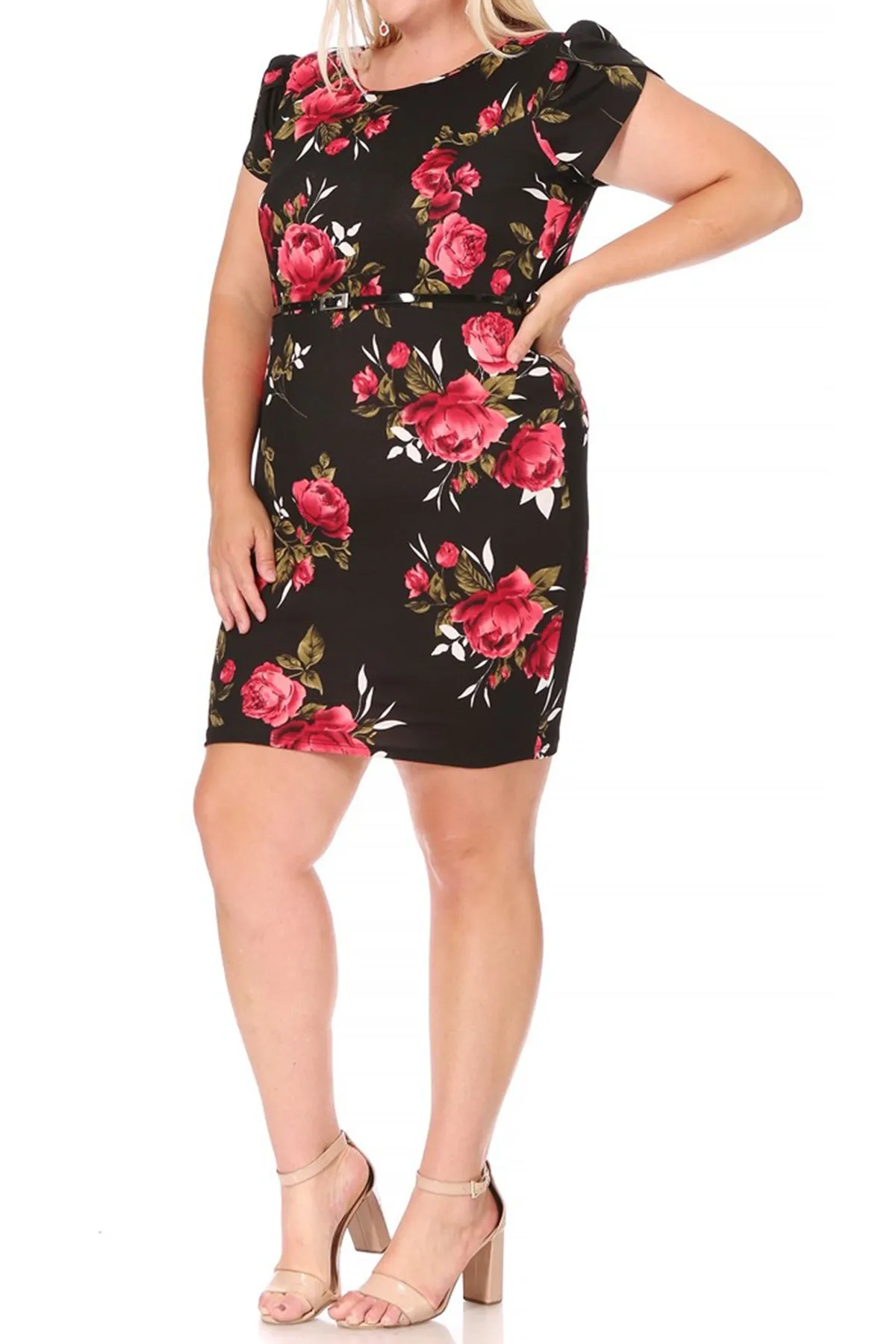 Women's Elegant Plus Size Floral Pencil Work Dresses Short Sleeve Round Neck with Belt