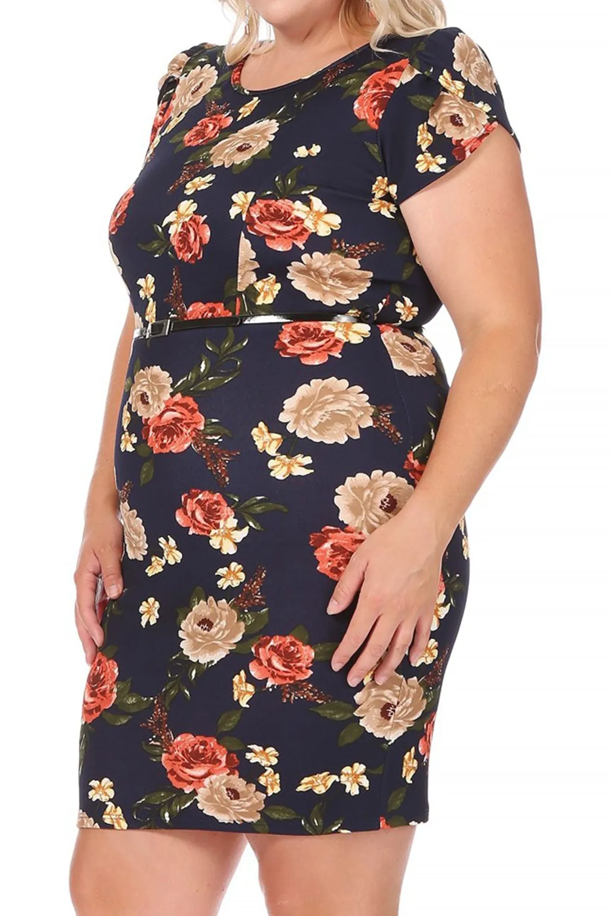 Women's Elegant Plus Size Floral Pencil Work Dresses Short Sleeve Round Neck with Belt