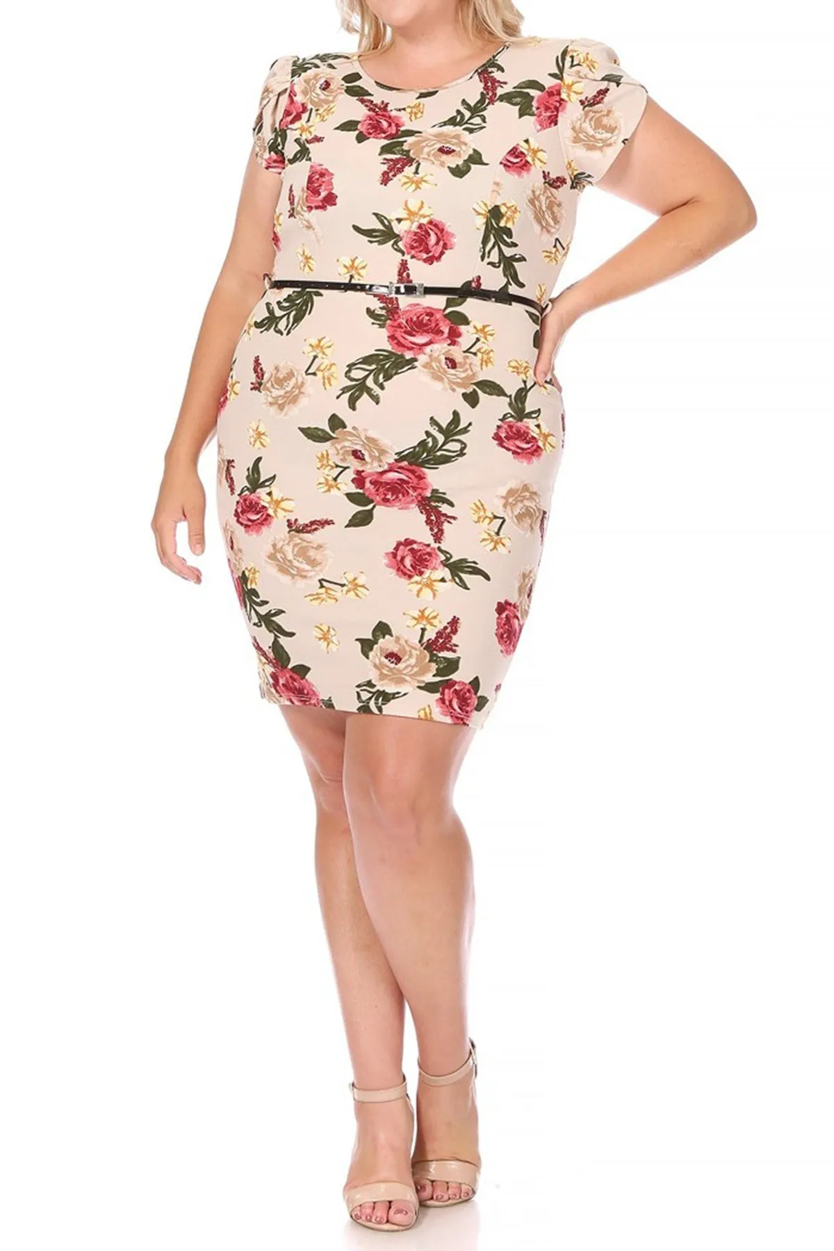 Women's Elegant Plus Size Floral Pencil Work Dresses Short Sleeve Round Neck with Belt