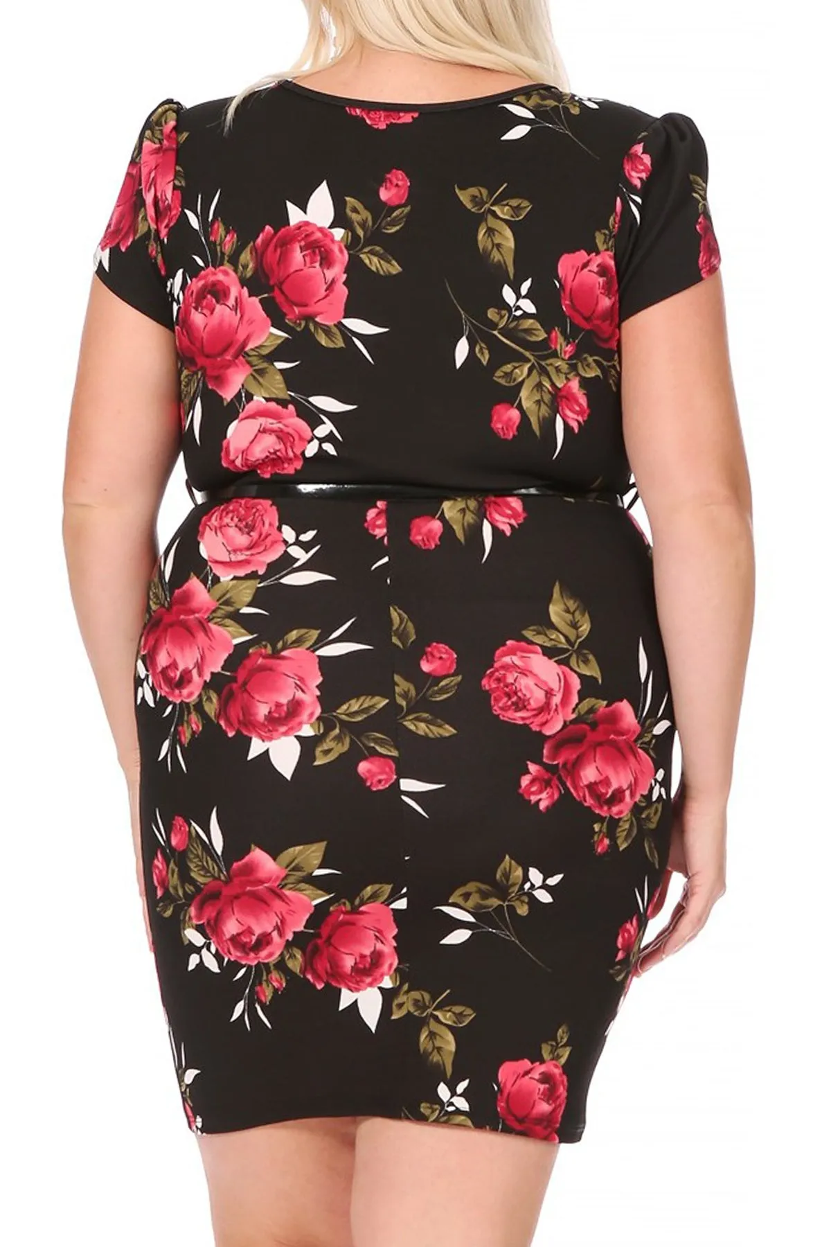 Women's Elegant Plus Size Floral Pencil Work Dresses Short Sleeve Round Neck with Belt