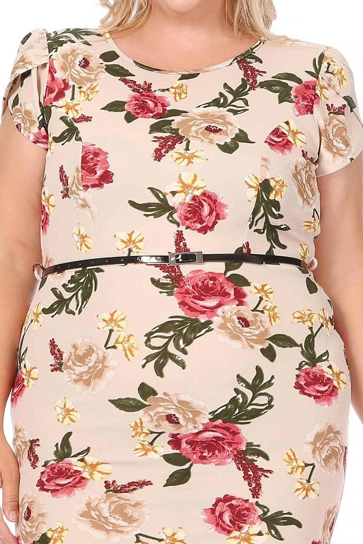 Women's Elegant Plus Size Floral Pencil Work Dresses Short Sleeve Round Neck with Belt