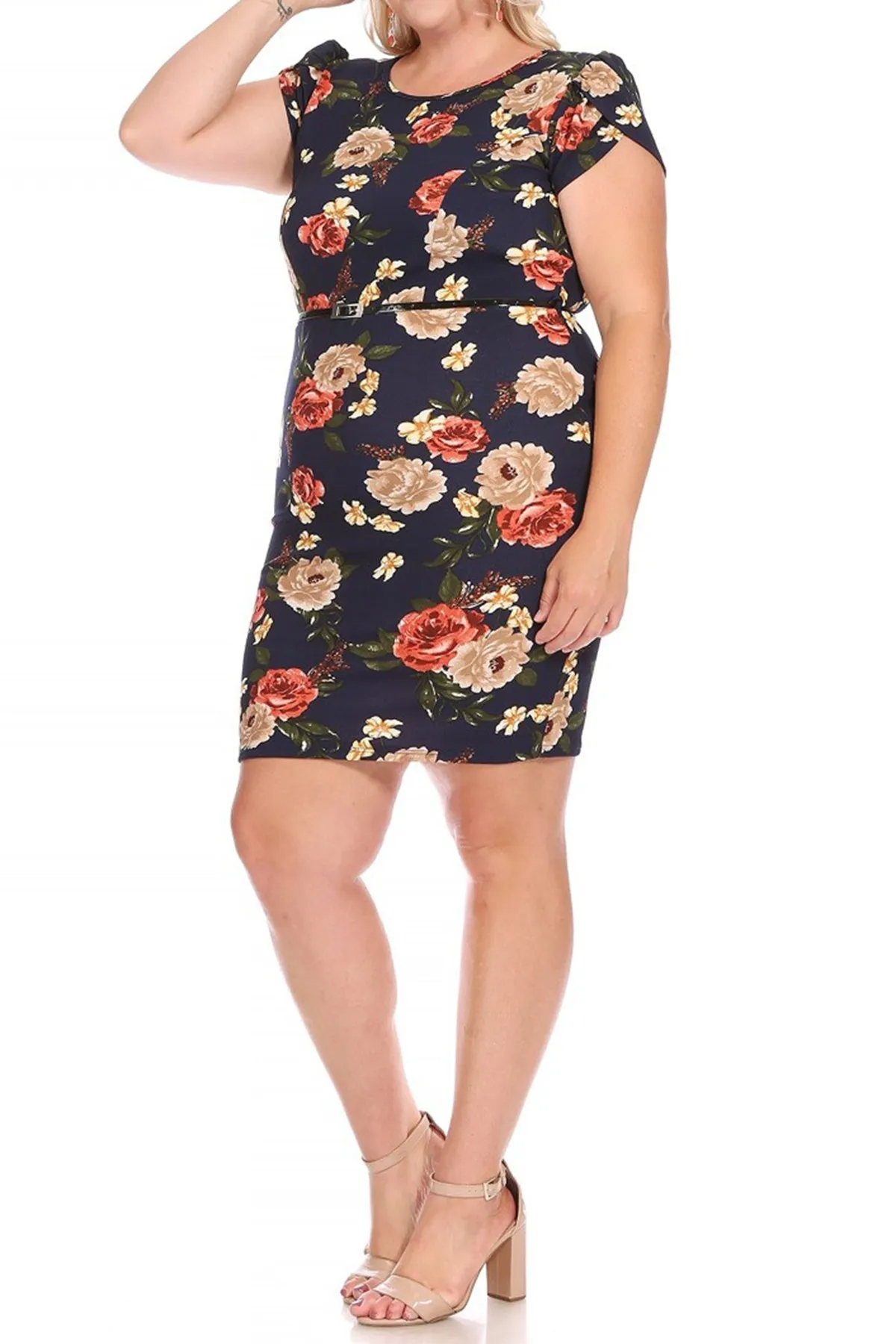 Women's Elegant Plus Size Floral Pencil Work Dresses Short Sleeve Round Neck with Belt