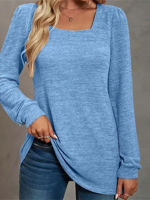 Women's U Neck Long Sleeve Cotton T-shirt in Regular Fit