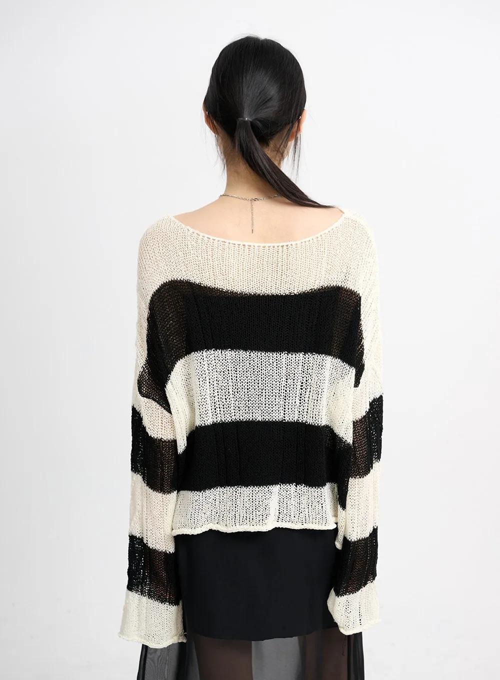 Wool Blend Hollow Out Striped Knit Sweater CM415